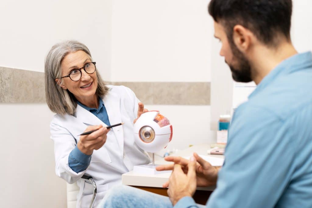 Eye doctor explaining an eye model to a senior patient